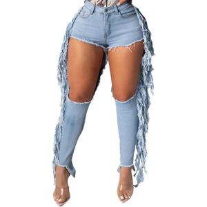 LalaLin Ripped Fringe Jeans for Women Tassel Destroyed Washed Hole Mid Waisted Distressed Stretchy Sexy Denim Pants XXL
