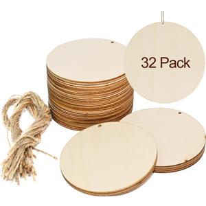 32Pack 4 Inch Round Wooden Discs for Crafts, DIY Projects, Wooden Door Hanger Signs, and Painting, Holiday Decorations