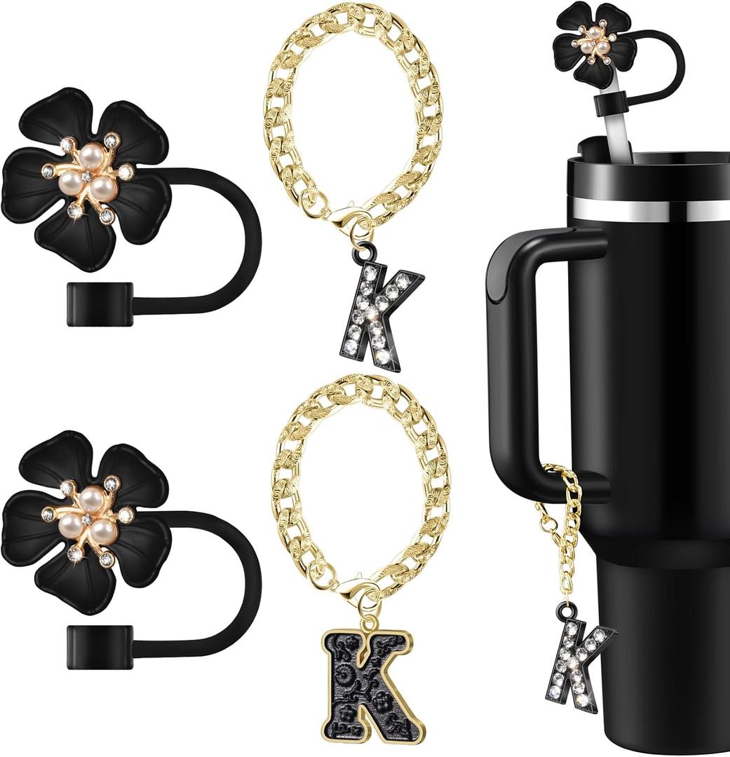 Straw Covers for Stanley Cup Accessories: Black Decorations for Stanley 30 oz & 40 oz Tumbler with Handle, Bling Letter Charms and Flower Silicone Straw Cap Topper, Trendy Stuff for Teen Girls & Women