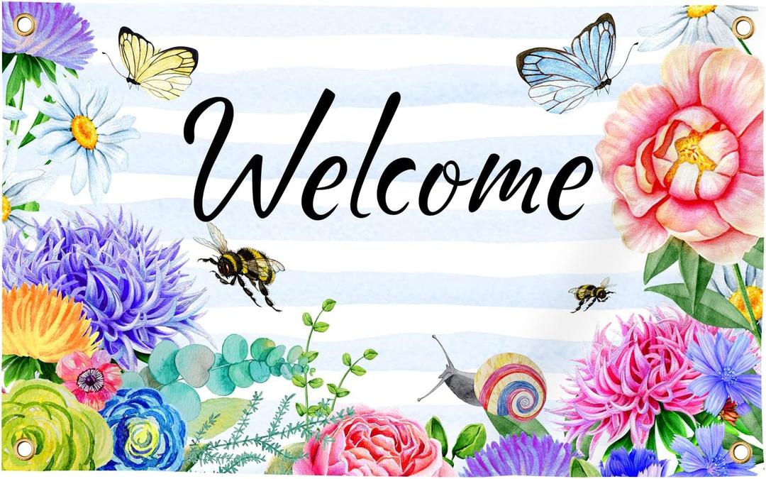 Welcome Spring Summer Flag 3x5 FT Flower Butterfly Bee Yard House Flags Season Banner Polyester Double Stitched with 4 Brass Grommets Flag for Outdoor Indoor Home Decor
