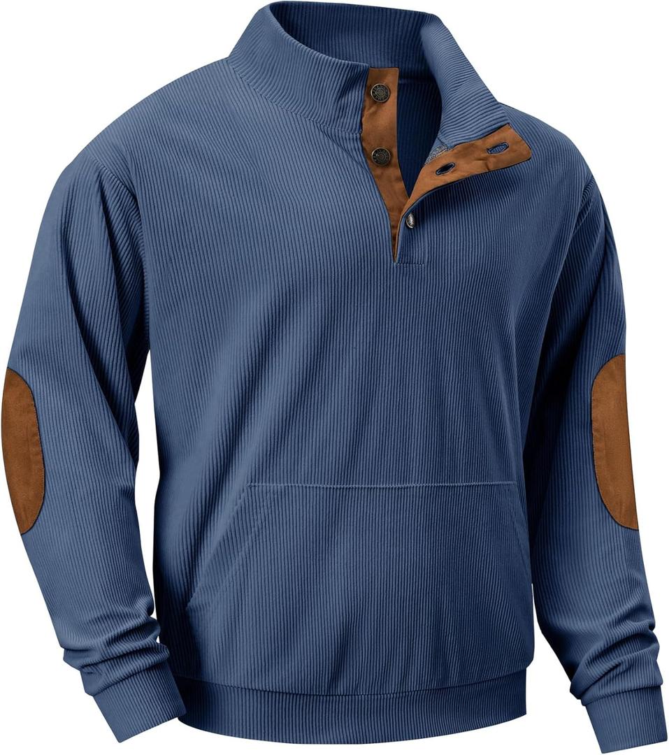 JMIERR Mens Warm Corduroy Sweatshirt Casual Stand Collar Quarter Fall Metal Button Pullover Sweaters Long Sleeve with Pockets (Small, Teal Blue)