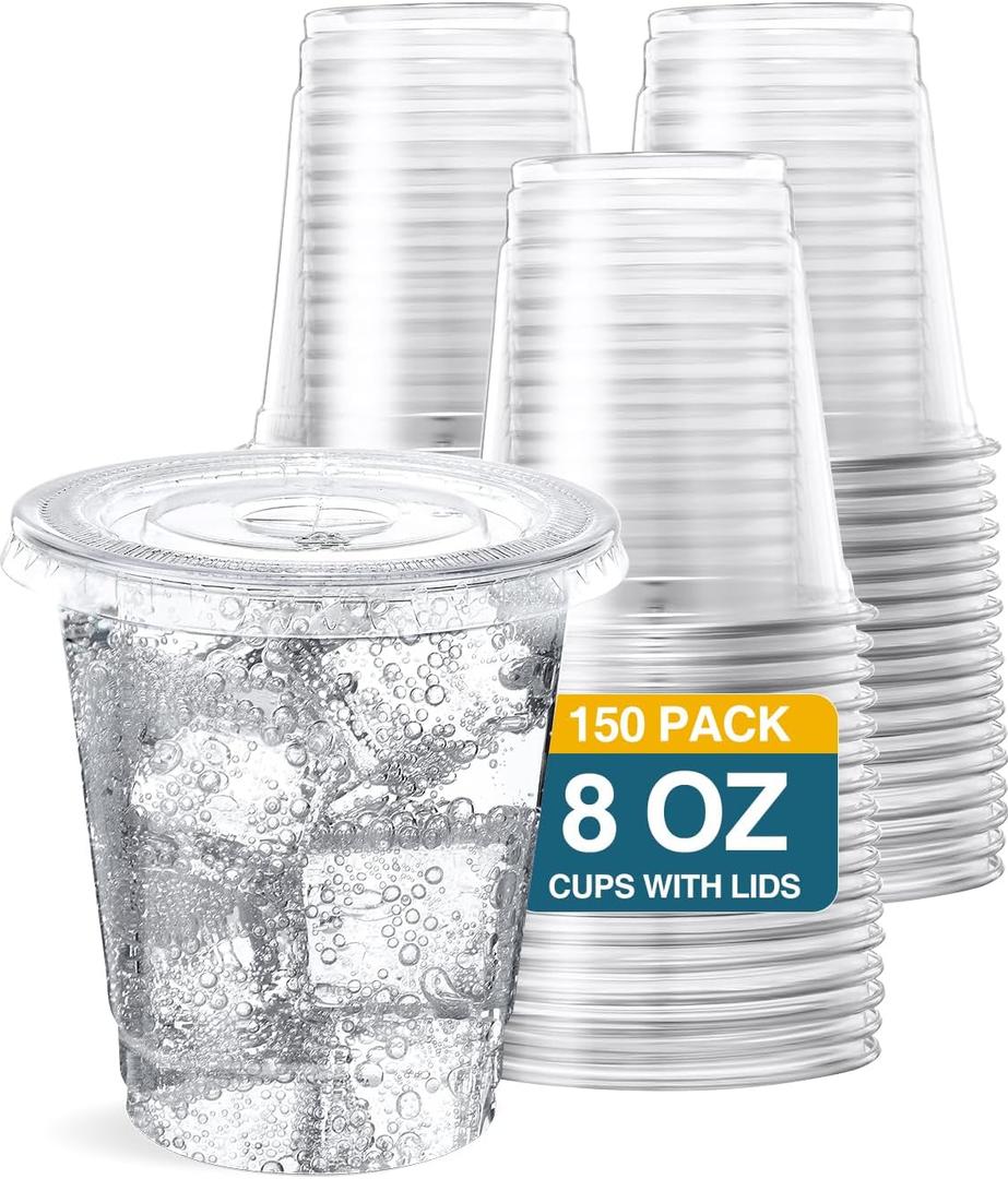 SHOPDAY 8 oz-Plastic-Cups-with-Lids - 150 Pack Disposable Clear Cup with Lids, Small Cup for Cold Drinks Smoothie Food, Coffee Cups with Lids