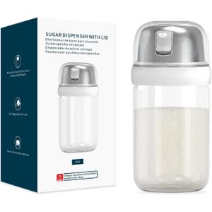 KITCHENDAO Glass Sugar Dispenser with Side Pour Spout, Built-in Lid to Slow Down Dampness with Mearsuring Marks, Elegant Borosilicate Glass Sugar Shaker, BPA Free, 9oz (White)