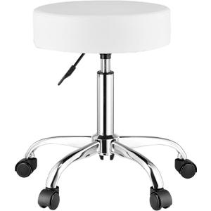 VEVOR Rolling Stool with Wheels, 450 LBS Weight Capacity Round Rolling Stool Chair, Height Adjustable Thickened PU Leather Swivel Stool for Salon, Spa, Massage, Tattoo, Clinic, White, 21.3 x 21.3 x in