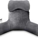 Reading Pillow for Sitting in Bed Adult, Bed Pillow with Shredded Memory Foam, 25''H Pillow with Detachable Neck Roll, Washable Cover, Back Pillow Sitting Up with Extend Arms, Gery (Grey)