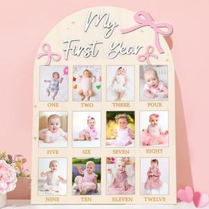 Pink Bow First Year Photo Board Coquette Bow Birthday Party Wooden Board Decorations 12 Monthly Milestone Picture Frame One Year Old Wood Sign 1st Birthday Photo Banner for Baby Girls Keepsake Gift