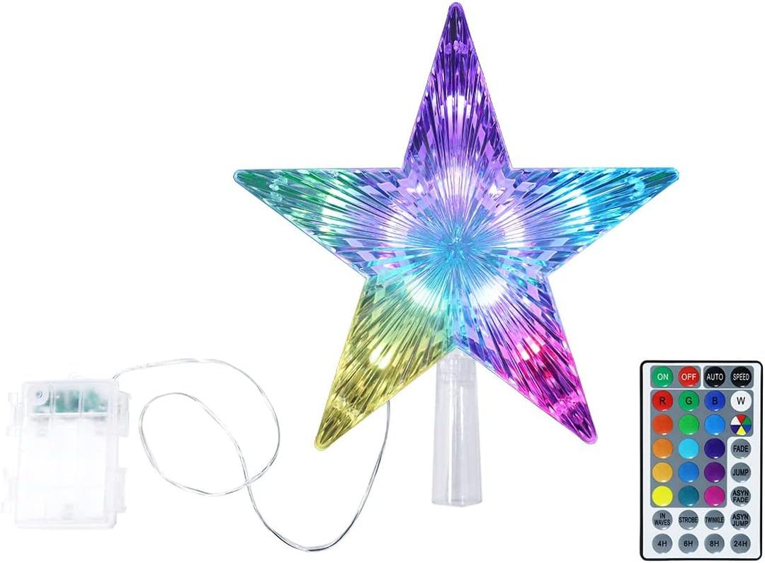 Christmas Star Tree Topper 9.5inch 17 Colors 8 Dynamic Modes with Versatile Remote Controller 3AA Battery Powered for Christmas Tree Dcor