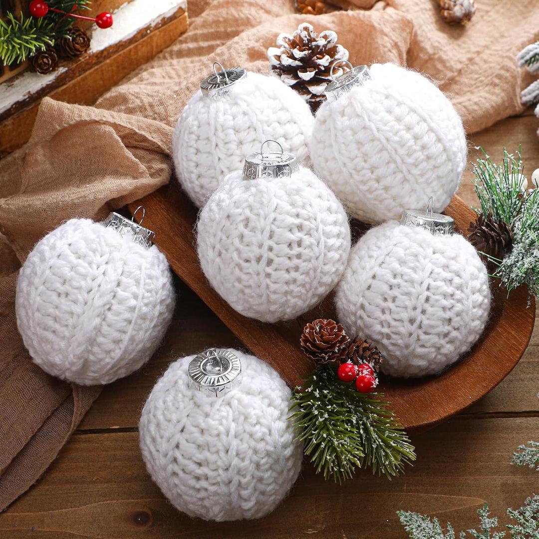 6 Pcs 2.75 Inch Crochet Christmas Ornaments Balls Christmas Knitted Ornaments Neutral Hanging Decoration Handmade Crochet Decoration for Xmas Tree Rustic Neutral Xmas Decor(White)
