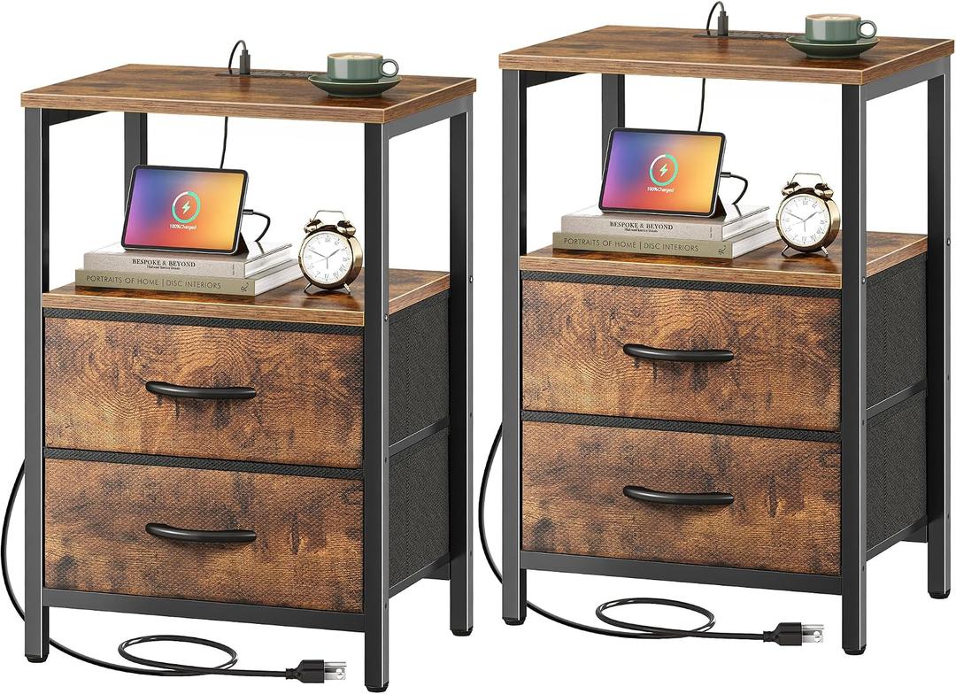 Huuger Nightstands Set of 2, End Tables with Charging Station, Fabric Drawers, Bedside Tables with USB Ports and Outlets, Night Stands for Bedroom, Rustic Brown, 11.8"D x 15.7"W x 23.6"H