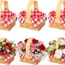 Geelin 6 Pcs Mini Woven Basket with Handle and Red White Gingham Paper Napkins Wood Chip Mini Flower Fruit Picnic Basket Chip for Easter Spring Wedding Party Gift Decoration (Large)
