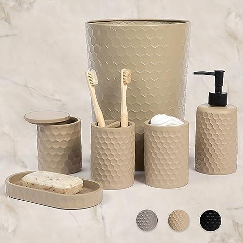 6 Piece Bathroom Accessories Set, Toothbrush Holder, Toothbrush Cup, Soap Dispenser,Bathroom Vanity Tray, Qtip Holder, Trash Can 