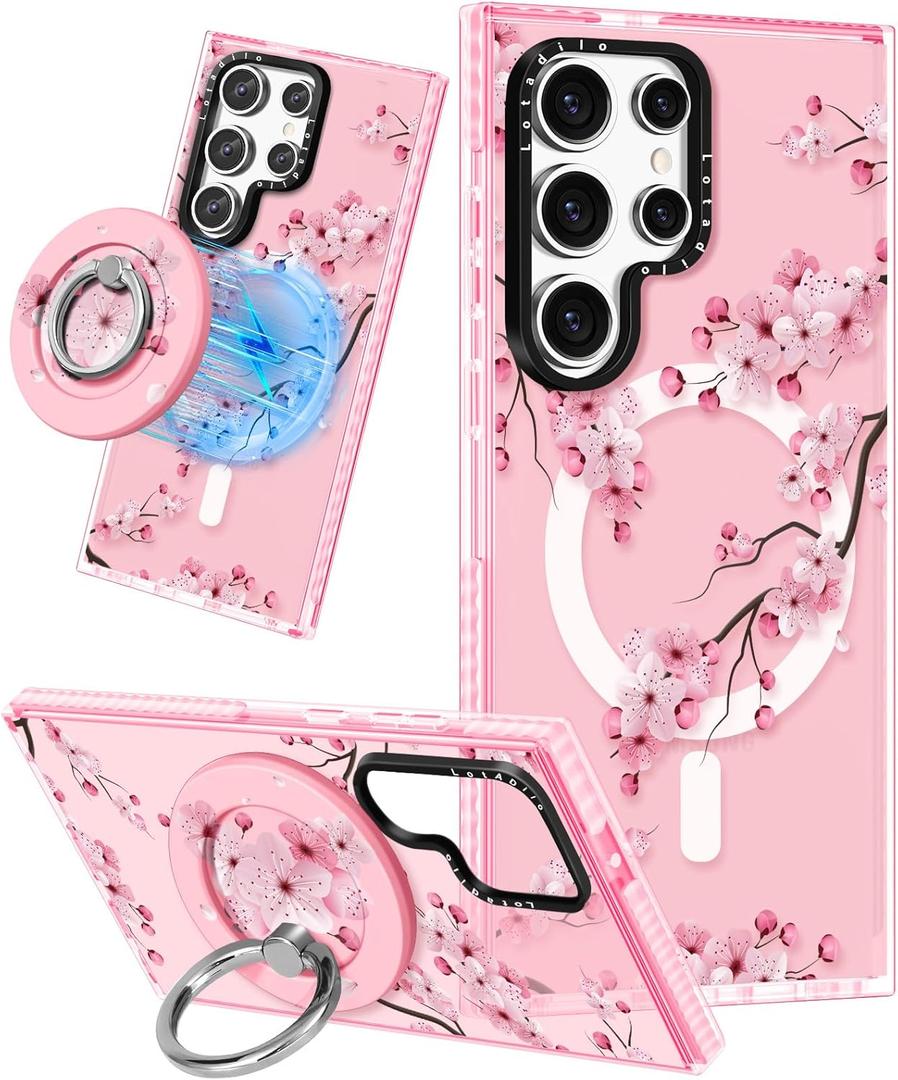 for Samsung Galaxy S23 Ultra Case for Women - Girls Funny Cute Design Compatible with Magsafe Magnetic Ring Holder Stand Peach Blossom Phone Covers Aesthetic Girly TPU Funda for S23 Ultra