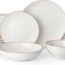 Famiware Jupiter 16-Piece Stoneware Dinnerware Set for 4 - Includes Pasta Bowl & Dinner Plate, Handcrafted Dishes with Speckles & Embossed Swirls, Chip & Scratch Resistant, Daily & Formal Use, White