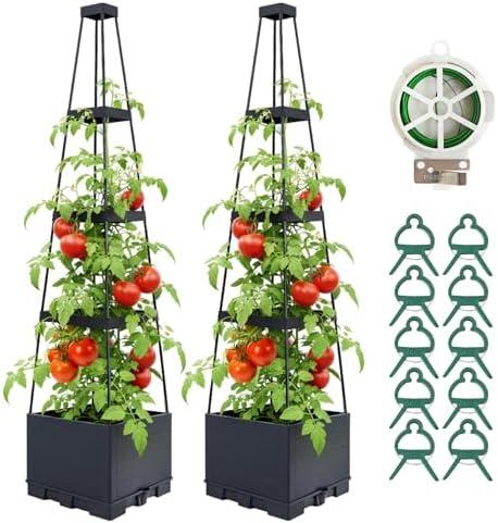 2 Pack Raised Garden Bed Planter Box with Trellis, 57" Self-Watering Tomato Planter with Trellis, Tomato Cage Plant Support for Climbing Plants Vegetable Vine Flowers Patio Outdoor Indoor