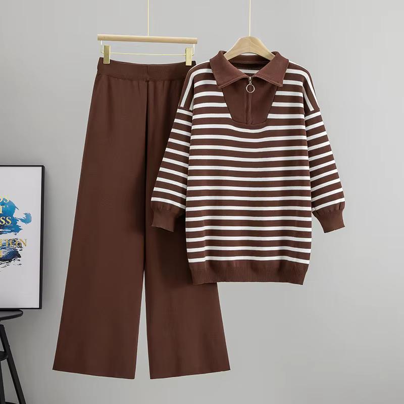 Two Piece Women Sweatsuits Stripe Quarter Zip Long Sleeve Sweater Knitted Stripe Pullover Sweatshirts Lounge Sets Size L