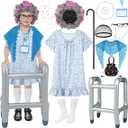 Old Lady Costume for Kids Girls 100th Day of School Grandma Costume Granny Dress with Shawl Wig for Cosplay