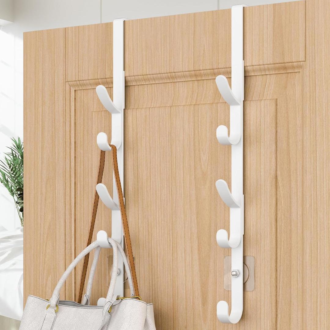 Over The Door Hooks, Metal Door Hooks for Hanging, Over The Door Purse Organizer for Door Coat Hanger, Back of Shower for Hanging Towel Rack Clothes, Hat, Bathroom, Closet (White-2Packs)