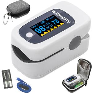 WRINERY Fingertip Pulse Oximeter, Oxygen Saturation Monitor, O2 Saturation Monitor, OLED Portable Oximetry with Batteries, Lanyard (Gray-White)
