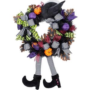 Halloween Wreaths for Front Door,24 Inch Witch Wreath with Hat Witches Legs Pumpkin, for Door,Porch,Window,Indoor and Outdoor Halloween Decoration (Purple)