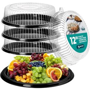 12" Catering Trays With Lids [3 Pack] - Black Serving Tray, Clear Lid, Plastic Disposable Round Party Platters, Flan Containers, Dessert Sandwich Cookie Food Trays for Parties