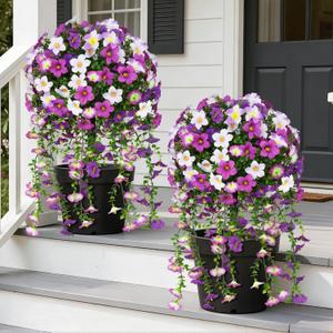 Grooy Artificial Plants Flowers Topiary Ball for Outdoor, 2 Pack Fake Purple Silk Morning Glory Plant Bushes, UV Resistant Realistic Plants Shurbs for Outside,Front Porch,Patio,Yard