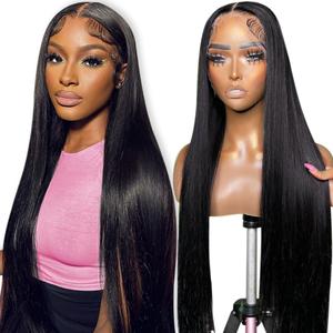Flady 28 inch Straight HD Lace Front Wigs Human Hair Pre Plucked 180 Density 13x4 Glueless Bone Straight Human Hair Wigs For Black Women Transparent Lace Frontal Wig With Baby Hair (Natural Black)