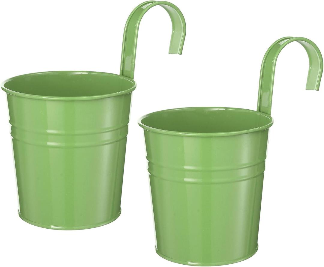 PATIKIL 4 Inch Hanging Flower Pots, 2Pcs Metal Iron Hanging Planters Flower Holder with Detachable Hook Drain Hole for Outdoor Indoor Garden Railing Fence Balcony, Light Green
