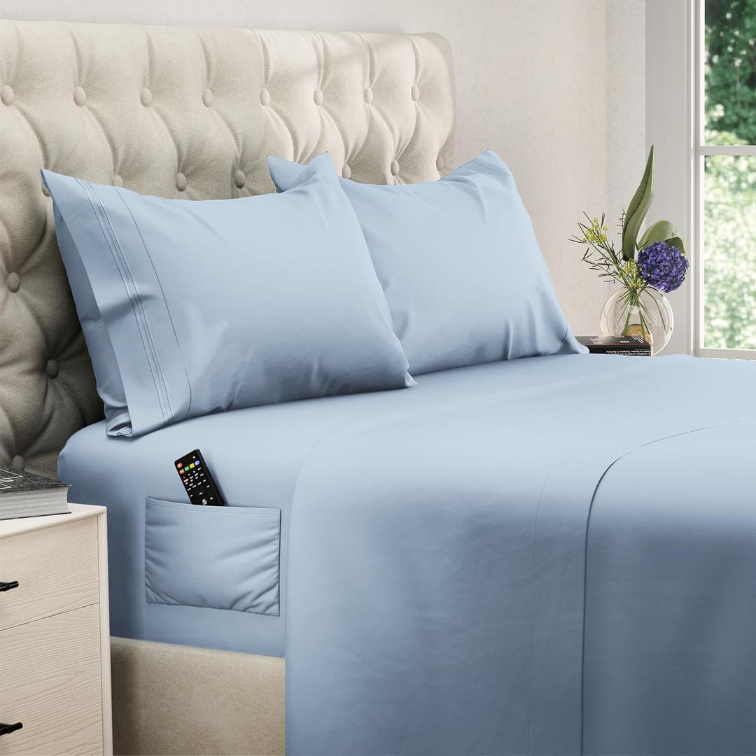 DREAMCARE California King Sheet Sets 4 pcs Cooling Sheets up to 21 Deep Cal King Sheets Hotel Luxury Pillowcases Superior Softness 100% Fine Microfiber with Side Pocket Light Blue, California King - Extra Deep