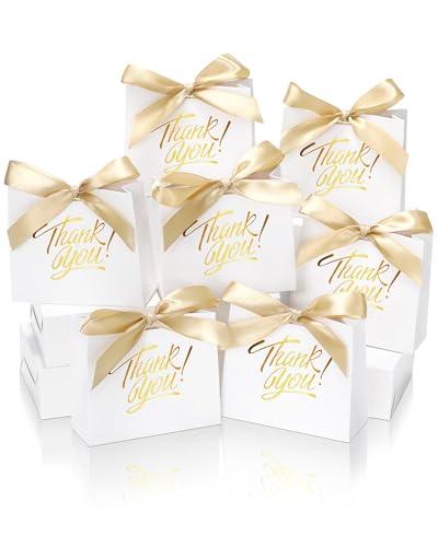 DOYIDE 120 Pack Small Thank You Gift Bags, 4.5x1.8x3.9in Party Favor Bags with Bow Ribbon, Mini Paper Gift Bag with Gold Foil Printed, White Treat Boxes for Birthday Wedding Bridal Baby Shower