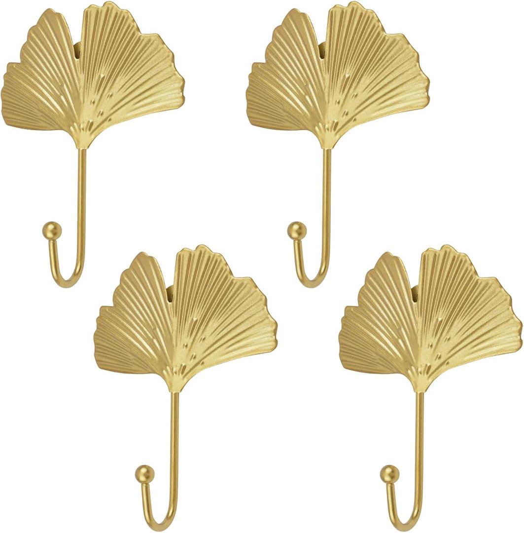 MOROBOR Decorative Leaves Iron Hooks,4pcs Ginkgo Leaf Shape Wall Mounted Hooks Modern Key Holder Wall Mounted Gold Single Prong Hat Hanger Home Office Nursery Room Decoration