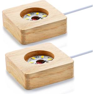 Pack 2 Wooden LED Light Display Base Wood LED Display Stand for 3D Crystal Laser Glass Resin Art Warm Light Square USB Only