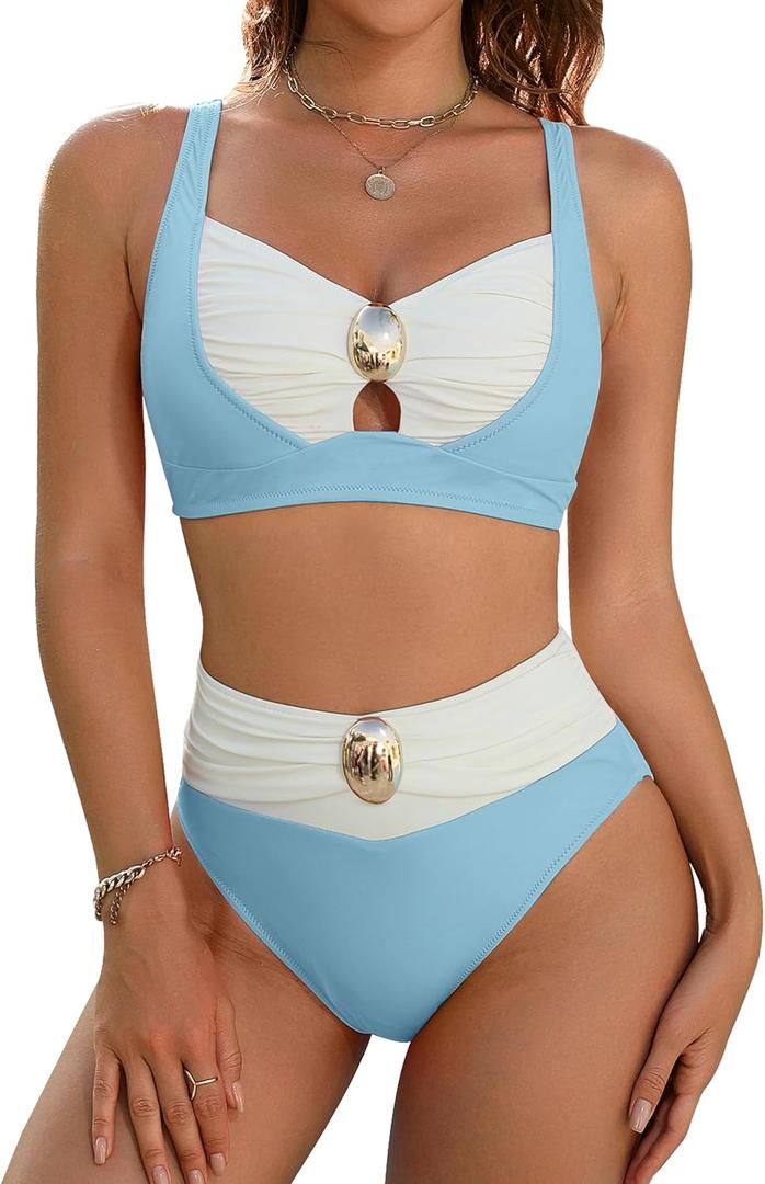 Blooming Jelly Womens High Waisted Bikini Sets Tummy Control Swimsuits Color Block Two Piece Bathing Suit Retro Swimwear (Large)