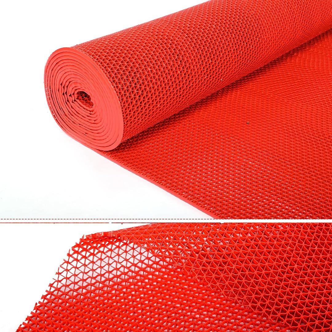 Nisorpa Commercial Drainage Floor Mat 3x16 Ft Non Slip Floor Mats Wet Area Mats Pool Mats for Floor 0.22'' Thick PVC Mesh Hollow Mat for Indoor Outdoor Wet Area Kitchen Swimming Pool Bathroom, Red