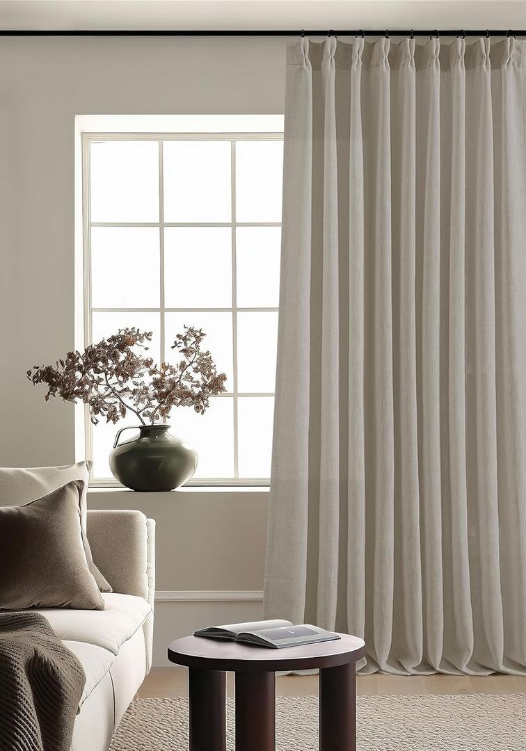 Burlywood Taupe Pinch Pleated Linen 108 Inch Curtains 60 Inch Width for Living Room Divider Light Filtering Semi Sheer Extra Wide Patio Curtains for Sliding Door Floor Ceiling Picture Window 60x108