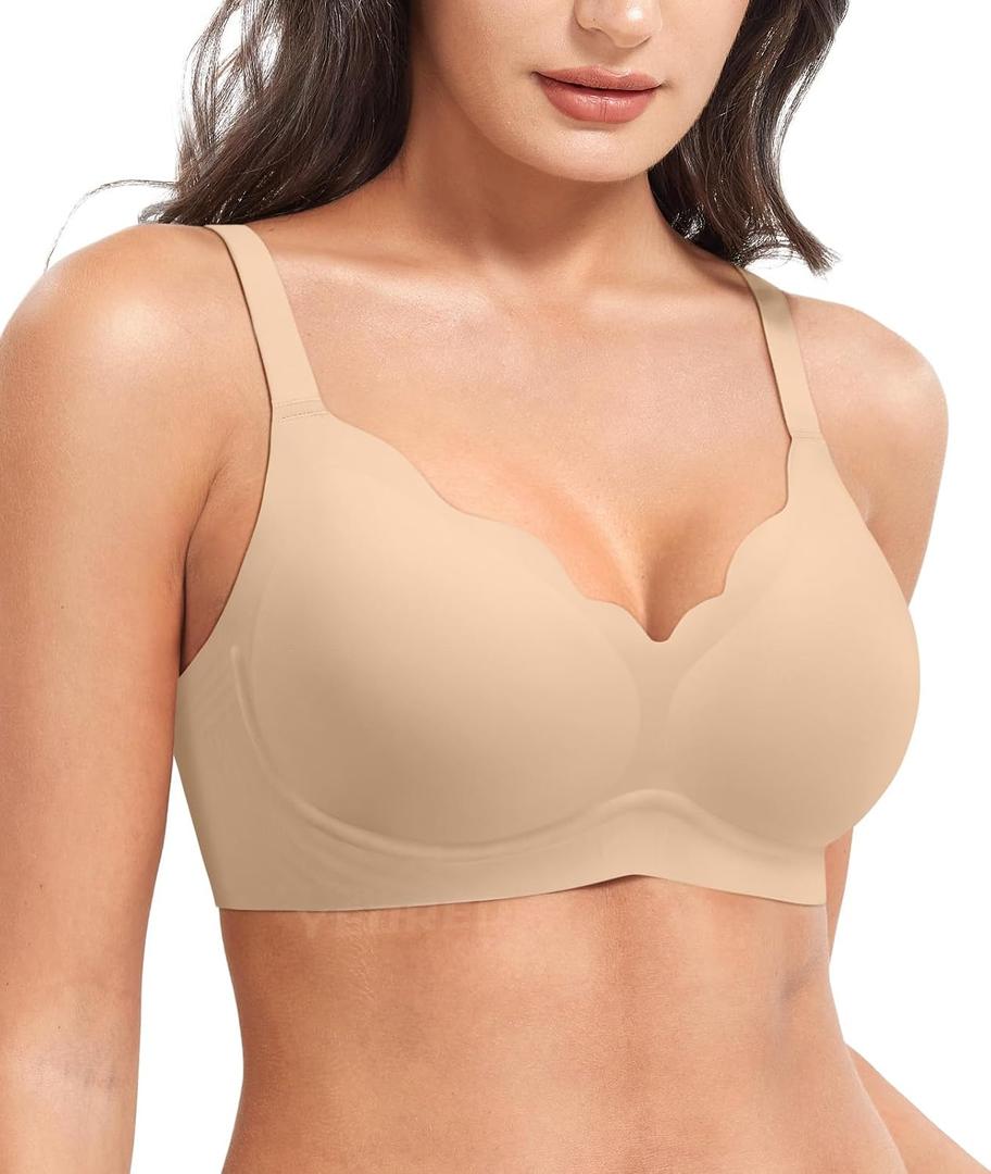 YEOREO Ease Womens Wireless Bras Push Up Full Coverage Bra No Underwire Seamless Comfortable Scalloped Supportive Bralette (Beige, L)