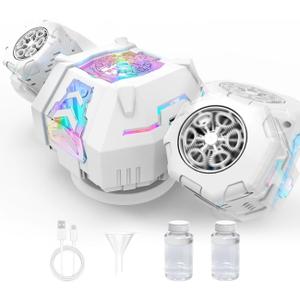 Rechargeable Dual-Nozzle Bubble Machine, 360 Auto Rotation Bubble Blower with Remote Control & RGB Lights, 30k Bubbles/Min, USB-C Bubble Maker for Kids Toddlers Parties Wedding Outdoor Birthday Gift