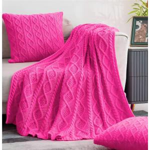 Homiest Hot Pink Cable Knit Throw, 60 x 80 Inch Acrylic Knitted Blanket with Diamond Texture, Soft & Cozy Decorative Blanket for Couch, Bed, Sofa