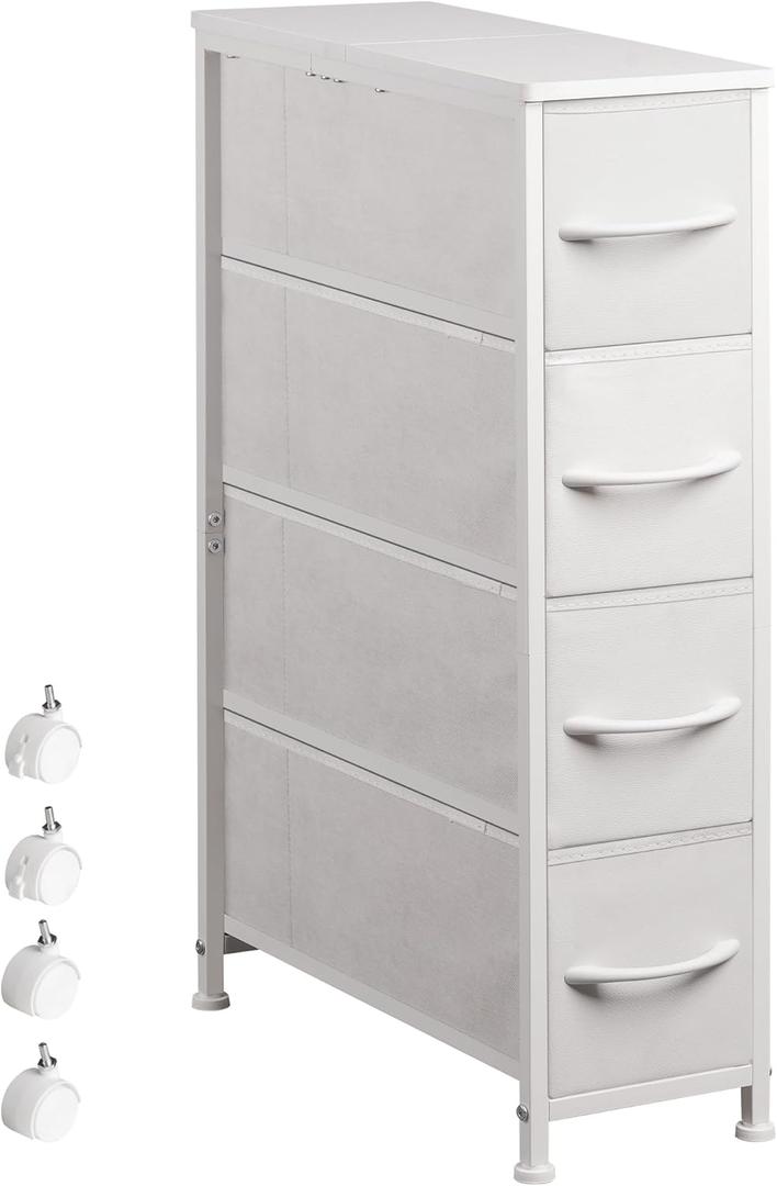 Narrow Dresser Storage Tower with 4 Drawers, Slim Dresser Chest of Drawers with Steel Frame, Wood Top, Dresser for Bedroom, Bathroom, Small Spaces, Laundry, Closet (White) (18.9"D x 7.9"W x 29.5"H (4 Drawers))
