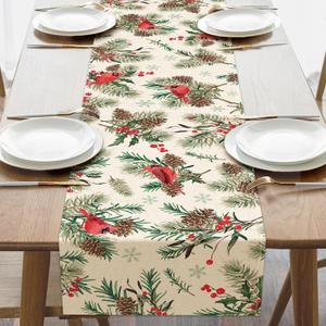 Winter Cardinal Red Birds Dining Table Runner, Pine Cone Needle Branches Holly Berry Snowflake Burlap Kitchen Decoration, Christmas Seasonal Indoor Outdoor Home Decor Party Supply 13 x 72 Inches