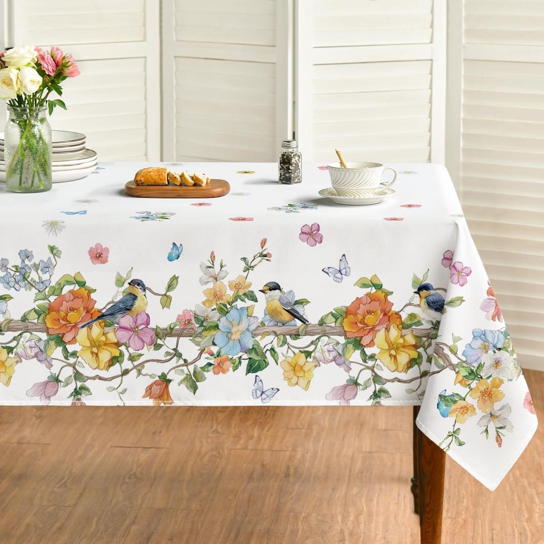 Horaldaily Spring Tablecloth 6084 Inch Rectangular, Fine Brushwork Colorful Rosa Multiflora Bird Butterfly Vine Washable Seasonal Table Cover for Party Picnic Dinner Decor (White)