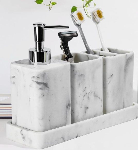 Bathroom Accessory Sets, 4 Pieces Bathroom Accessories Complete Set Vanity Countertop Accessory Set with Marble Look, Includes Lotion Dispenser Soap Pump, Tumbler, Toothbrush Holder and Tray