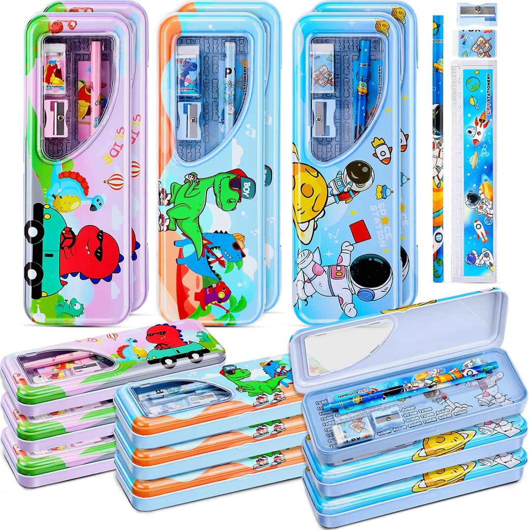 24 Sets Operation Christmas Items Bulk Tin Metal Pencil Box Cases School Stationery Set Including Dinosaur Eraser Ruler Sharpeners for Student Classroom Rewards Charity