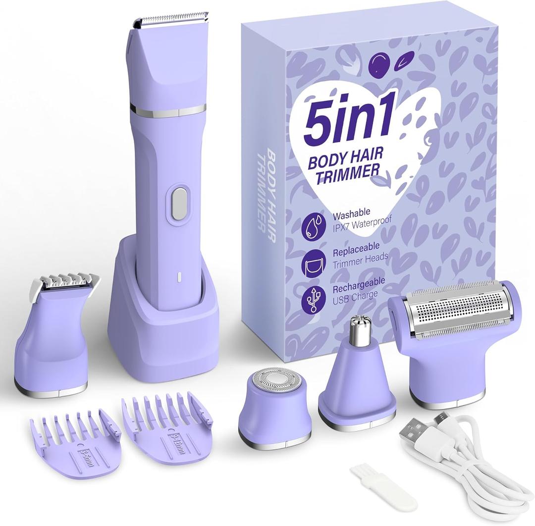 KINGTEE 5-in-1 Electric Bikini Trimmer for Women  IPX7 Waterproof Shaver, Cordless Body & Facial Razors for Women, Ceramic Blades, USB-C Rechargeable, Painless Hair Removal Kit (Purple)
