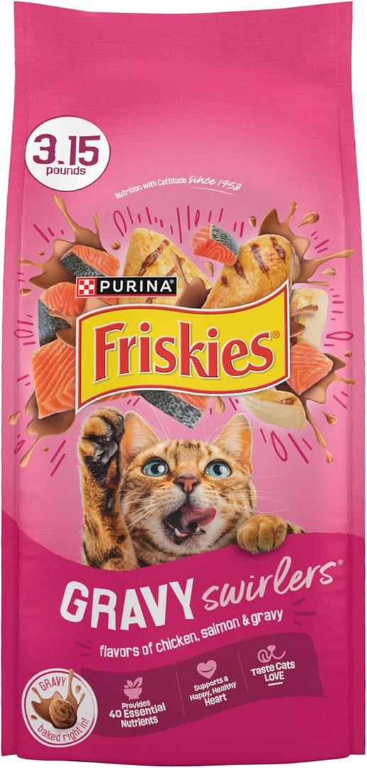 Purina Friskies Gravy Swirlers With Flavors of Chicken, Salmon and Gravy Dry Cat Food - 3.15 lb. Bag (EXP 08/31/27)
