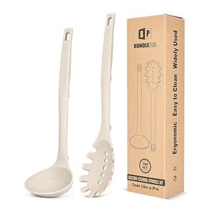 Silicone Pasta Fork and Soup Ladle Set, Heat Resistant Non Stick Kitchen Utensils with Back Hooks, Suitable for Cooking, Stirring, Serving Spaghetti, Soup, Sauce(KHAKI)