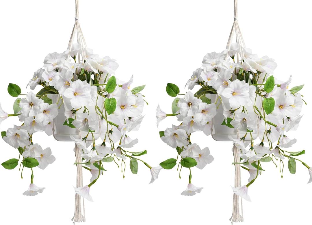 Artificial Hanging Flowers with Basket for Outdoors, 2 Pack Fake Petunia Flowers UV Resistant, Realistic Faux Hanging Plants for Home Porch Patio Garden Balcony Yard Decor (White)