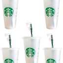 Starbucks 5 Pack Bundle - Reusable Frosted 24 oz Cold Cup with Lid and Green Straw w/Stopper