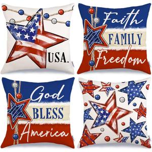 GEEORY 4th of July Pillow Covers 20x20 Inch Set of 4, Patriotic Stars Faith Family Freedom God Bless America Striped Farmhouse Decorative Throw Pillowcases for Home Sofa Couch Decoration G526-20