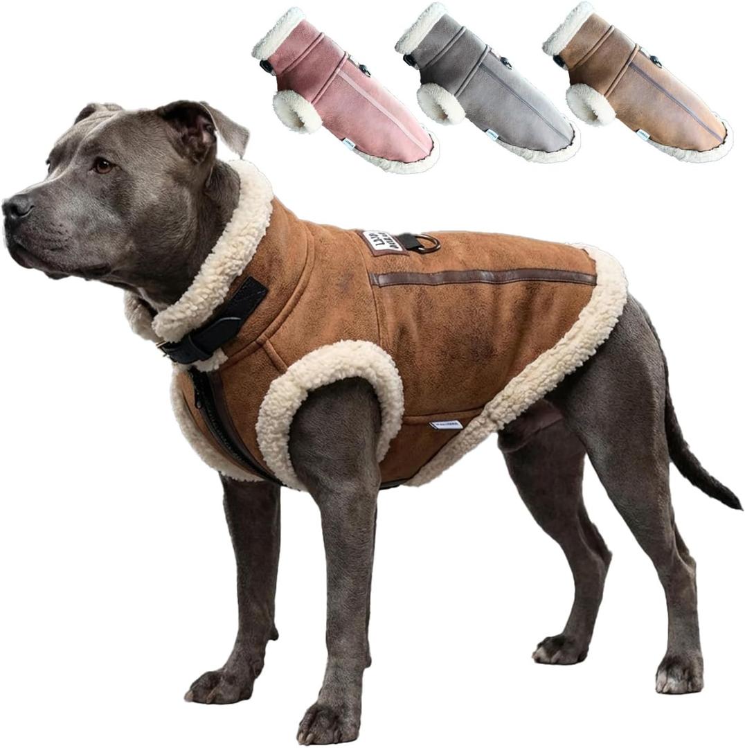 Retro Aviator Dog Jacket Faux Leather Winter Coat with Plush Sherpa Fleece Lining for Bulldog, Windproof Pilot Clothes for Puppy Pitbull, Windbreaker for Boy Girl Pet, Coffee XXL