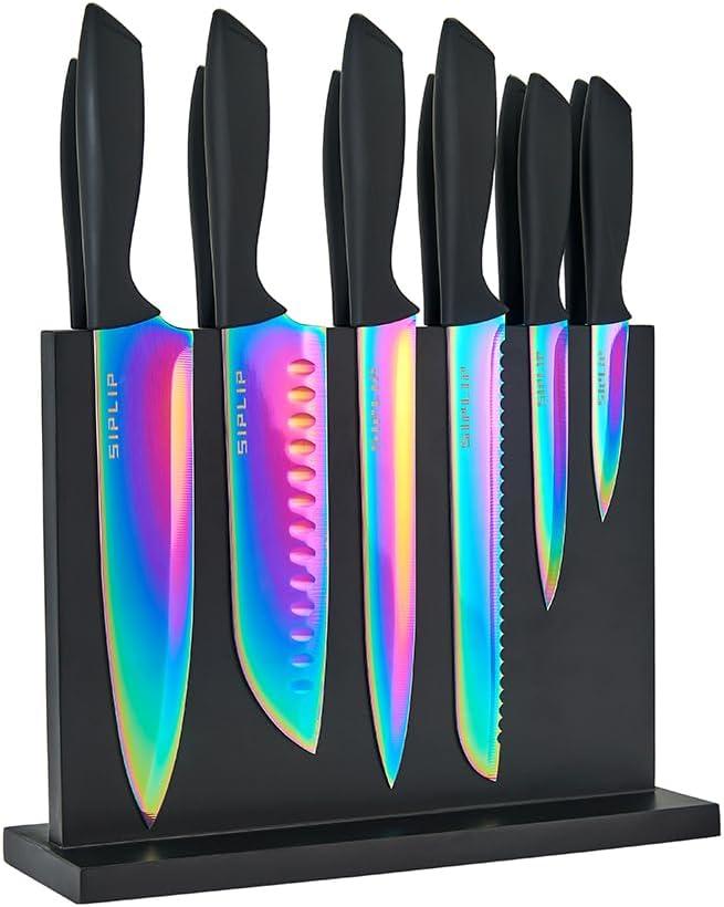 15-Piece High Carbon Stainless Steel Kitchen Knife Set with Magnetic Holder - Includes Chef's, Bread, Serrated Steak Knives and Sharpener (Rainbow)